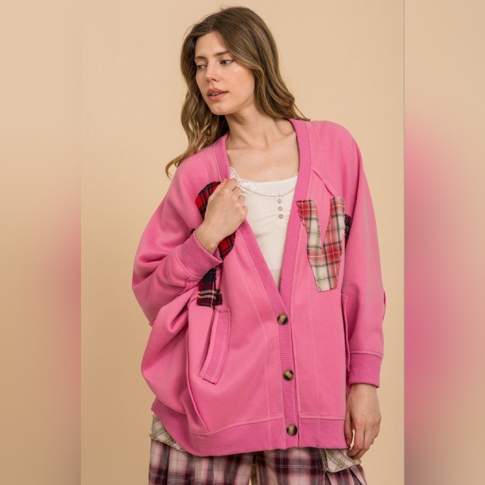 3-1210 *boutique* Oversized LOVE Plaid Pink Fleece Lined Button Cardigan - Picture 6 of 10